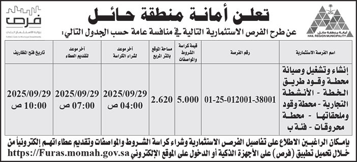 إعلان أمانة منطقة حائل 