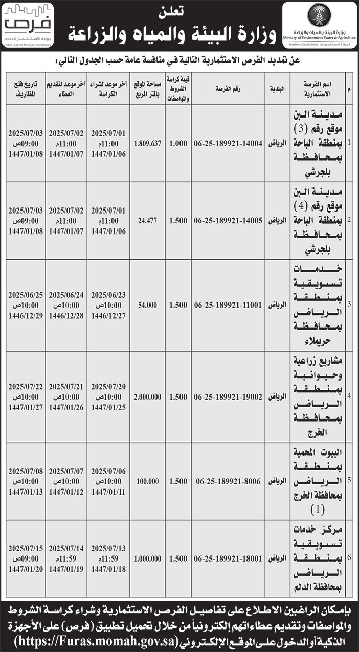 إعلان وزارة البيئة والمياه والزراعة 