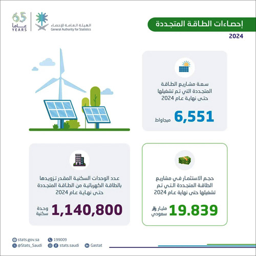 «الإحصاء»: 6,551 ميجاواط سعة مشاريع الطاقة المتجددة التي شُغِّلت حتى نهاية 2024م 