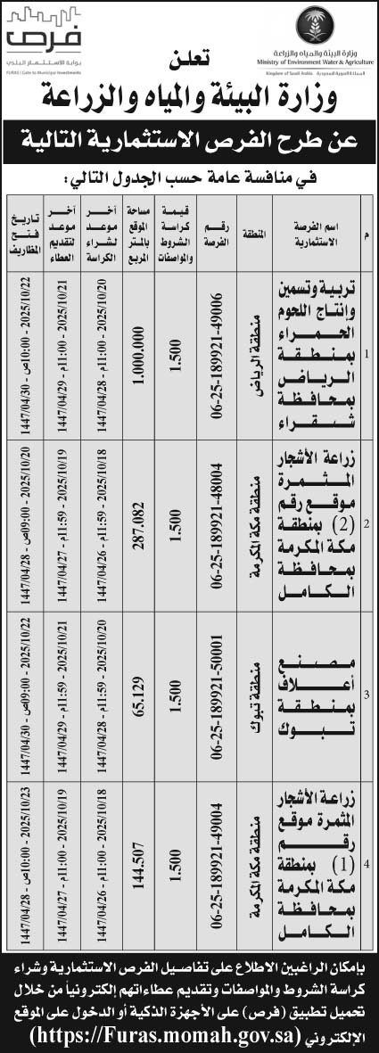 إعلان وزارة البيئة والمياه  والزراعة 