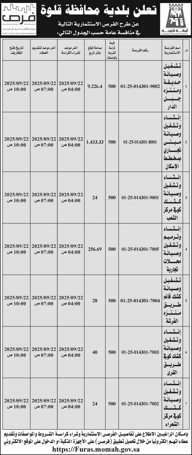 إعلان بلدية محافظة قلوة 