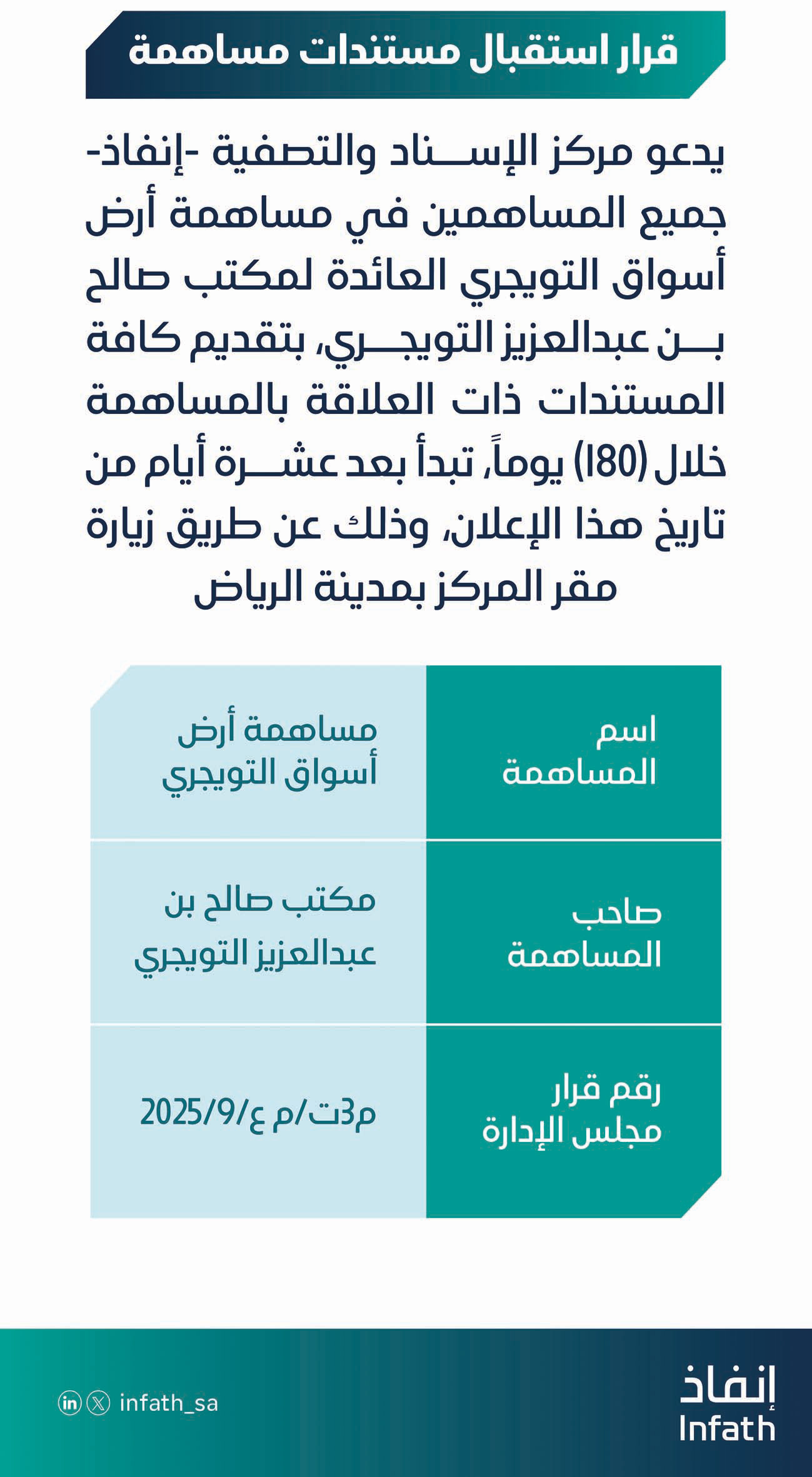 إعلان قرار استقبال مستندات مساهمة مساهمة أرض أسواق التويجري 
