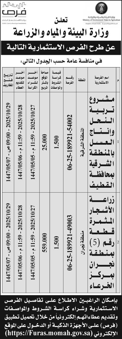 إعلان  وزارة البيئة والمياه والزراعة 