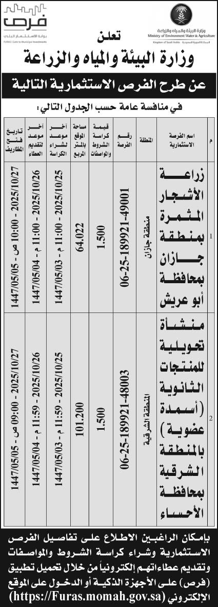 إعلان  وزارة البيئة والمياه والزراعة 