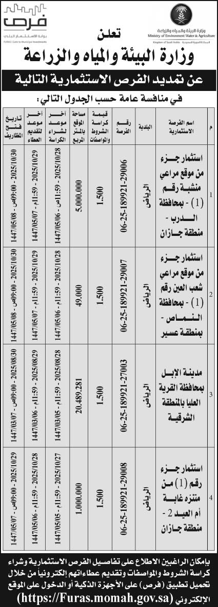 إعلان وزارة البيئة والمياه والزراعة 
