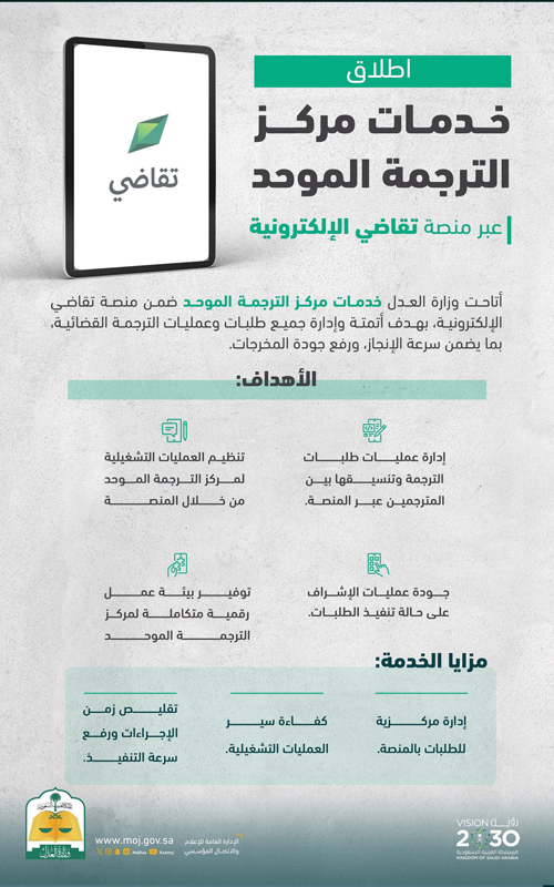 «العدل» تطلق خدمات مركز الترجمة الموحد عبر منصة تقاضي الإلكترونية 