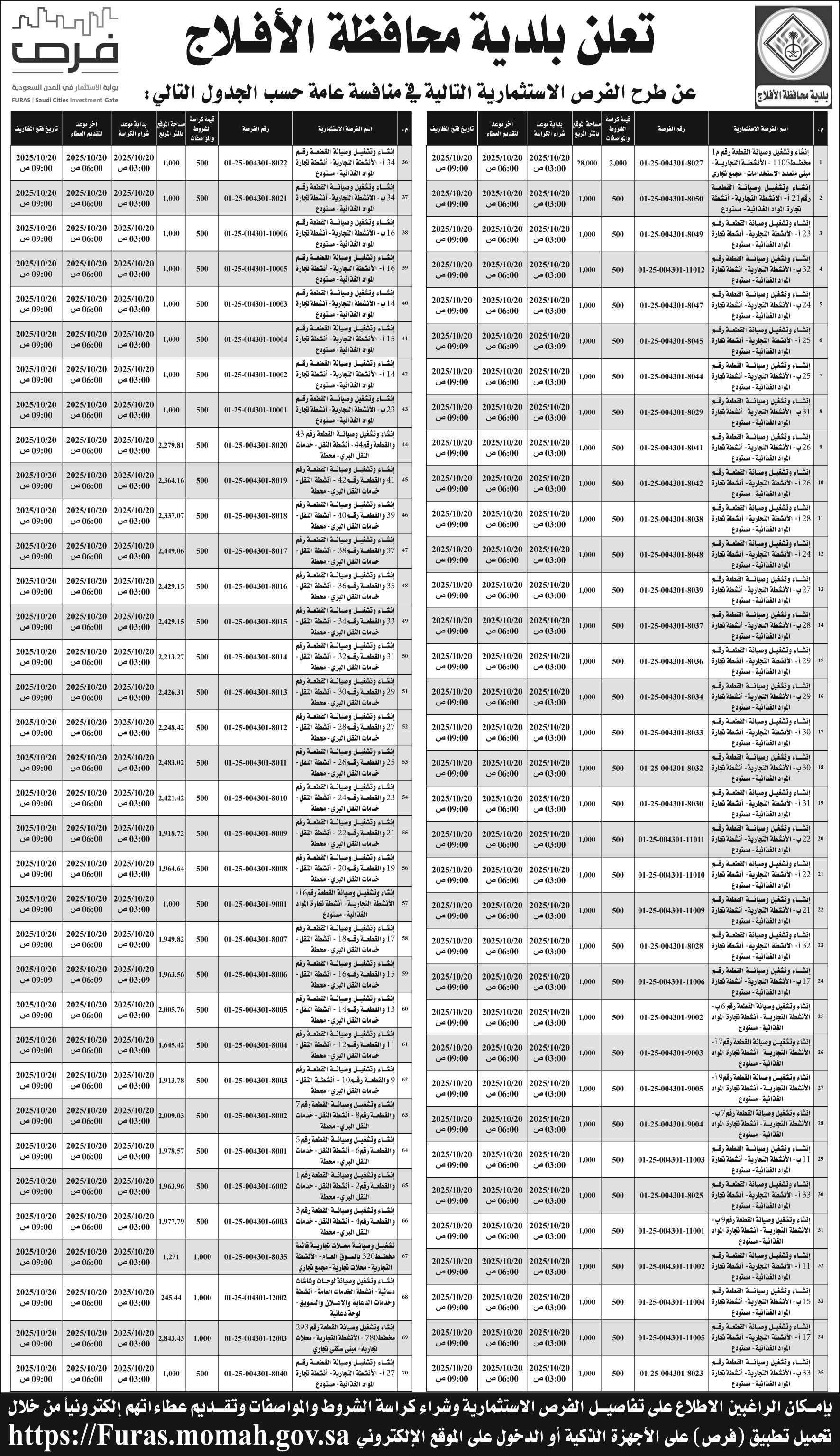 إعلان بلدية محافظة الأفلاج 