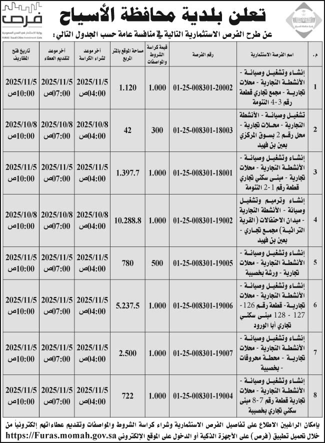 إعلان بلدية محافظة الأسياح 