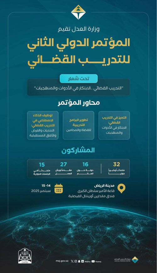 «العدل» تنظم المؤتمر الدولي الثاني للتدريب القضائي 