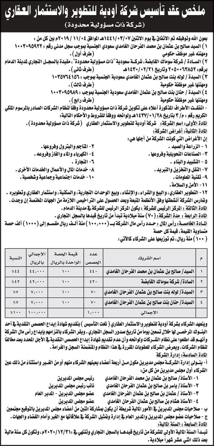 إعلان ملخص عقد تأسيس شركة أودية للتطوير والاستثمار العقاري 