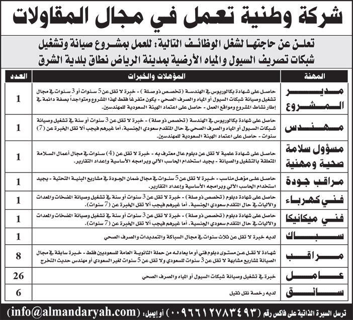 إعلان وظائف لشركة وطنية تعمل في مجال المقاولات 