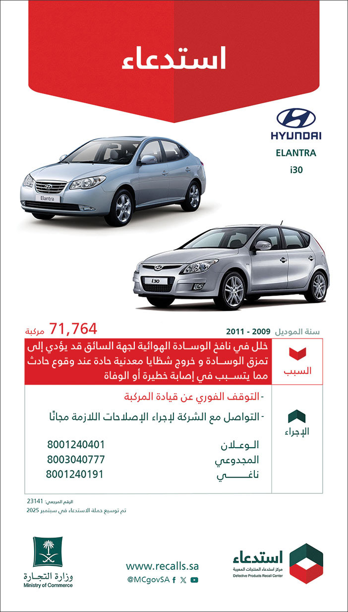 إعلان استدعاء سيارات إلنترا هيونداي 