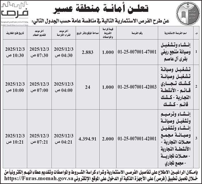 إعلان أمانة منطقة عسير 