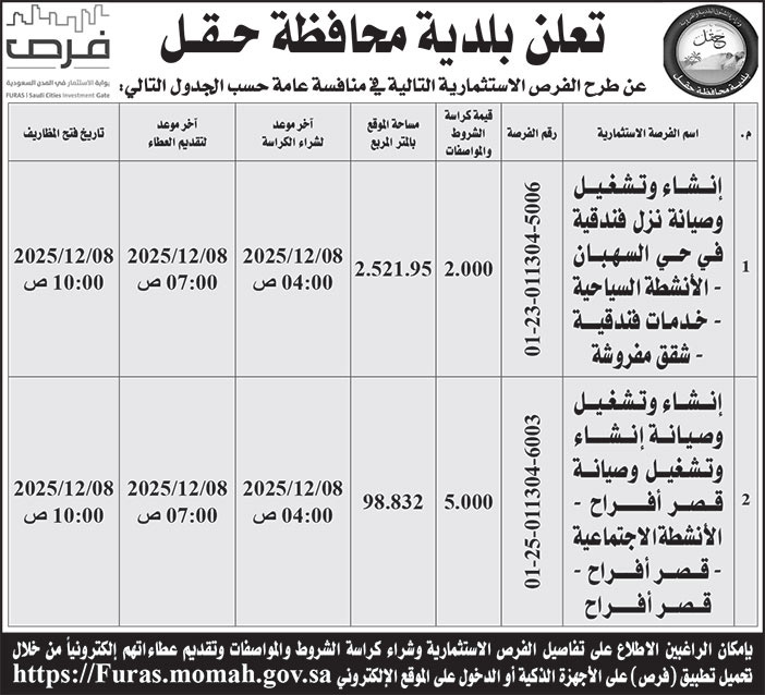 إعلان بلدية محافظة حقل 