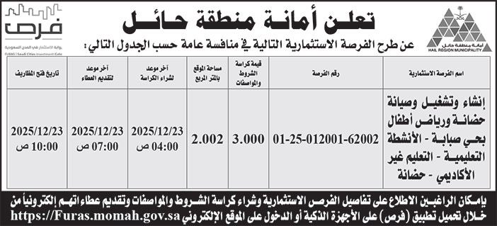 إعلان أمانة منطقة حائل 