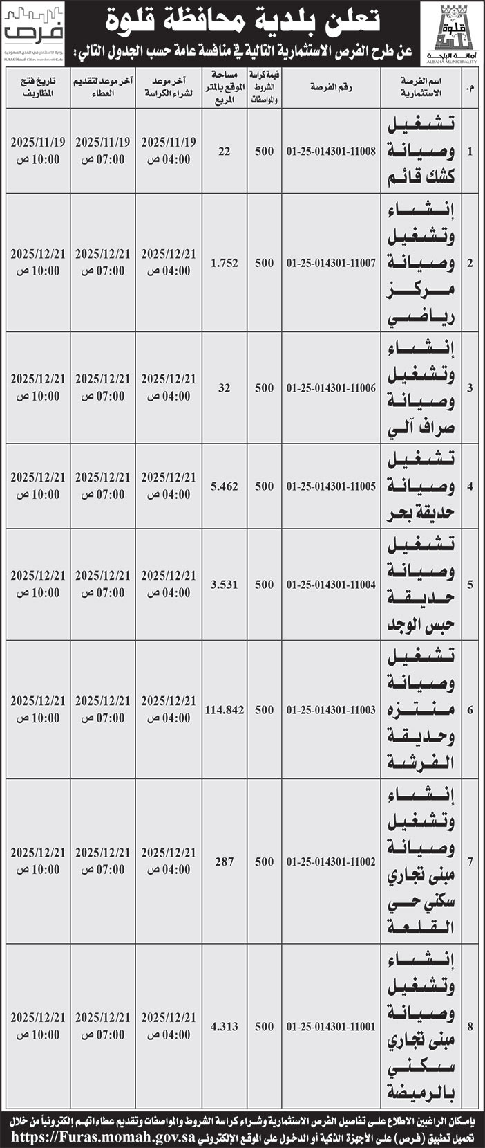 إعلان بلدية محافظة قلوة 
