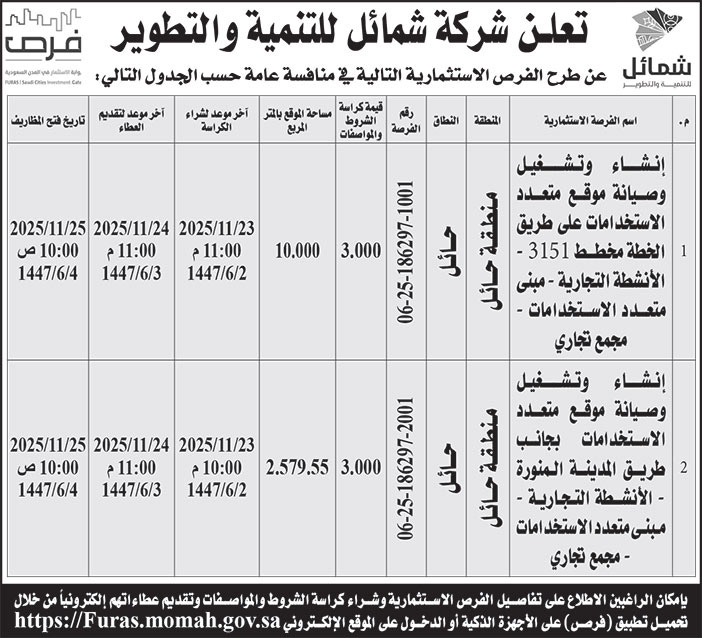 إعلان شركة شمائل للتنمية والتطوير 