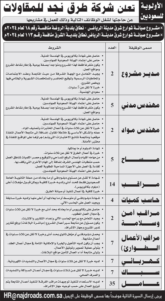 إعلان شركة طرق نجد للمقاولات 