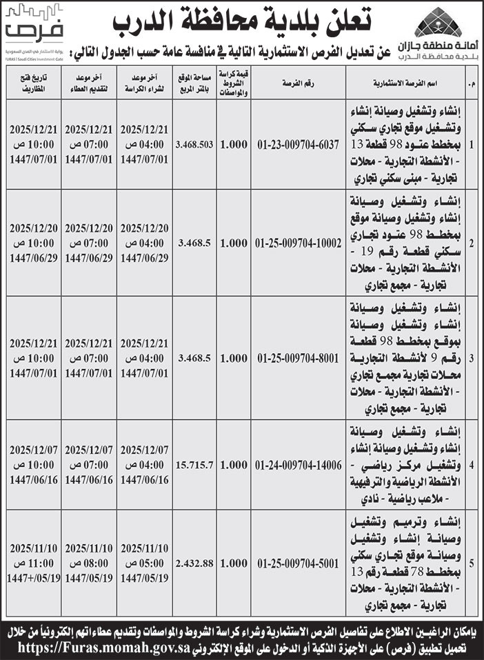 إعلان بلدية محافظة الدرب 