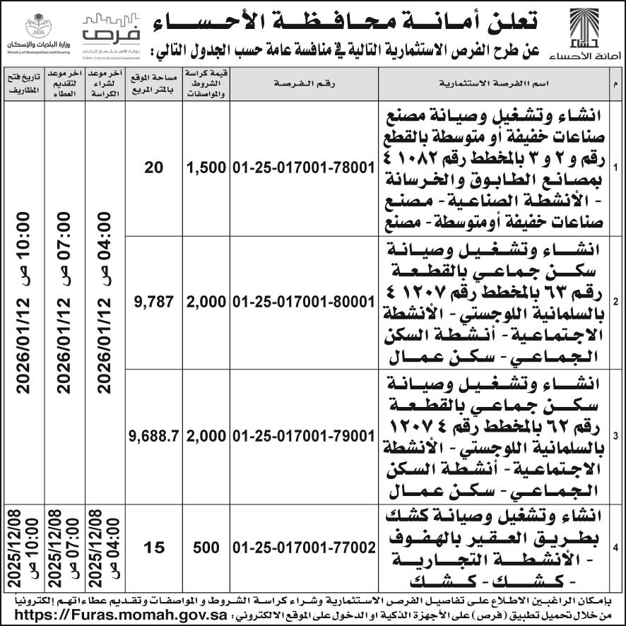 إعلان أمانة محافظة الأحساء 