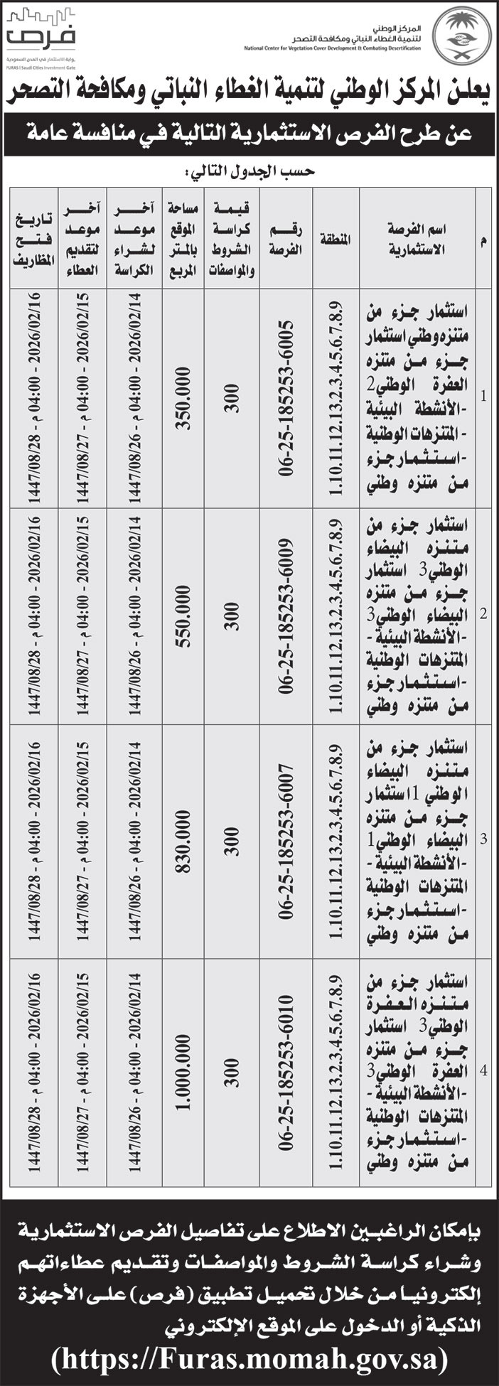 إعلان المركز الوطنية لتنمية الغطاء النباتي ومكافحة التصحر 
