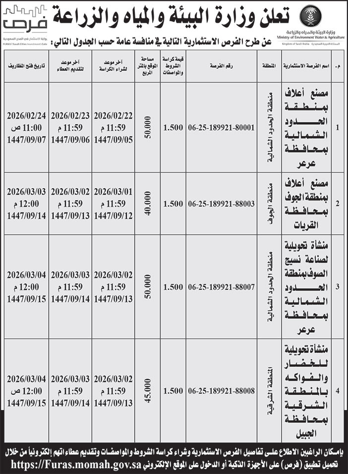 إعلان وزارة البيئة والمياه والزراعة 