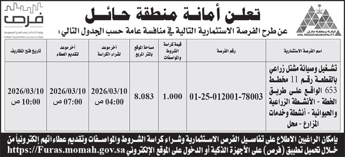 إعلان أمانة منطقة حائل 