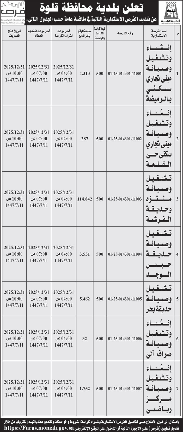إعلان بلدية محافظة قلوة 