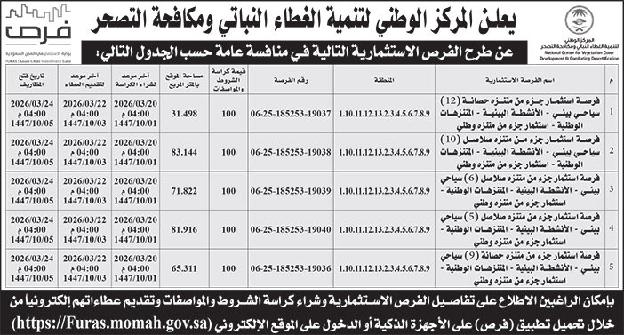 إعلان المركز الوطني لتنمية الغطاء النباتي ومكافحة التصحر 