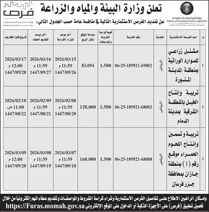 إعلان وزارة البيئة والمياه والزراعة 