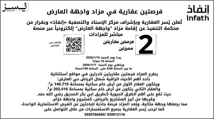 إعلان عن فرص عقارية في مزاد واجهة الرياض 