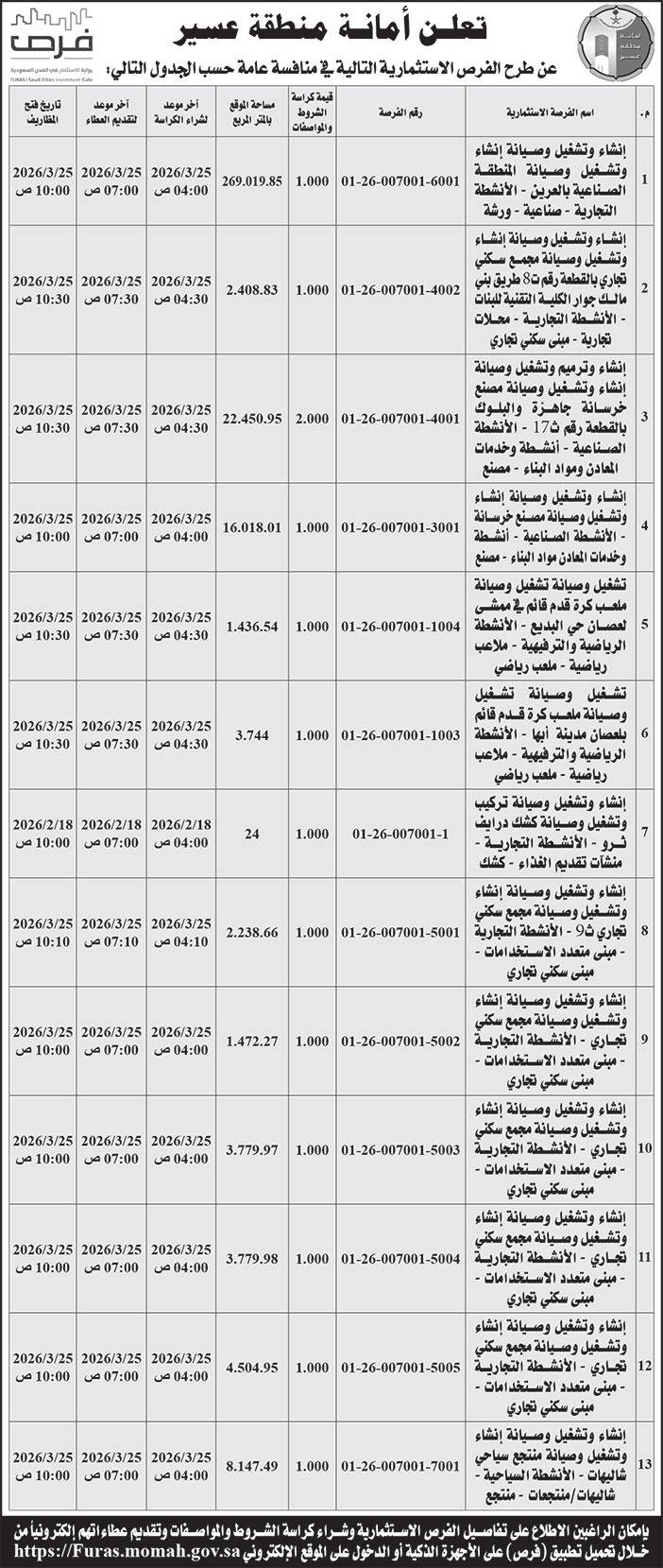 إعلان أمانة منطقة عسير 