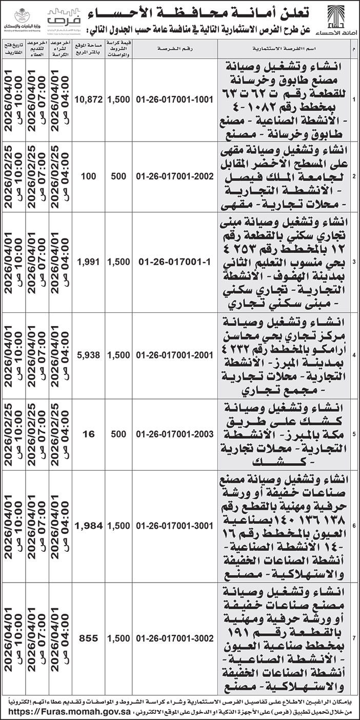 إعلان أمانة محافظة الأحساء 