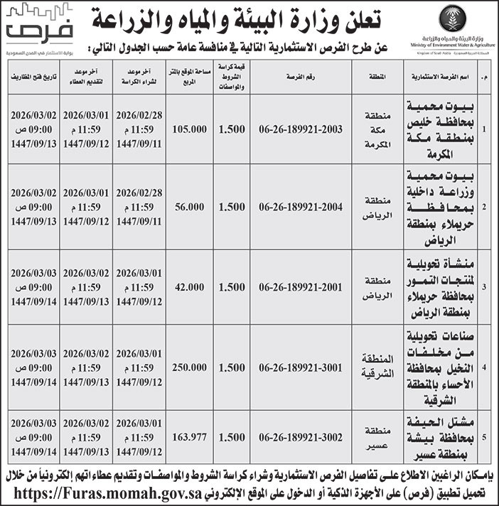 إعلان وزارة البيئة والمياه والزراعة 
