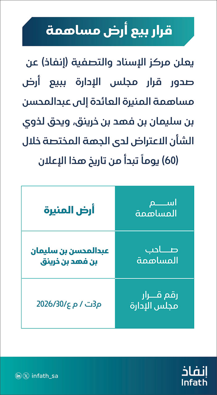 قرار بيع أرض مساهمة - أرض المنيرة 