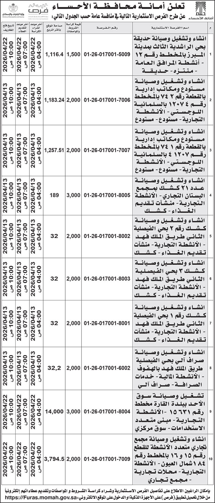 إعلان أمانة محافظة الأحساء 