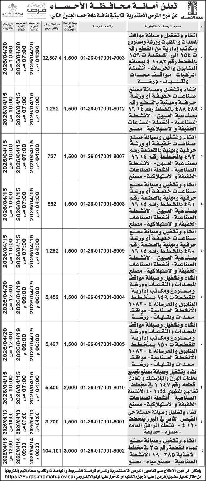 إعلان أمانة محافظة الأحساء 