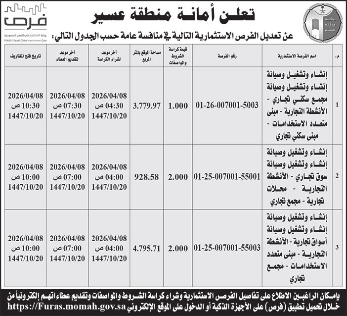 إعلان أمانة منطقة عسير 