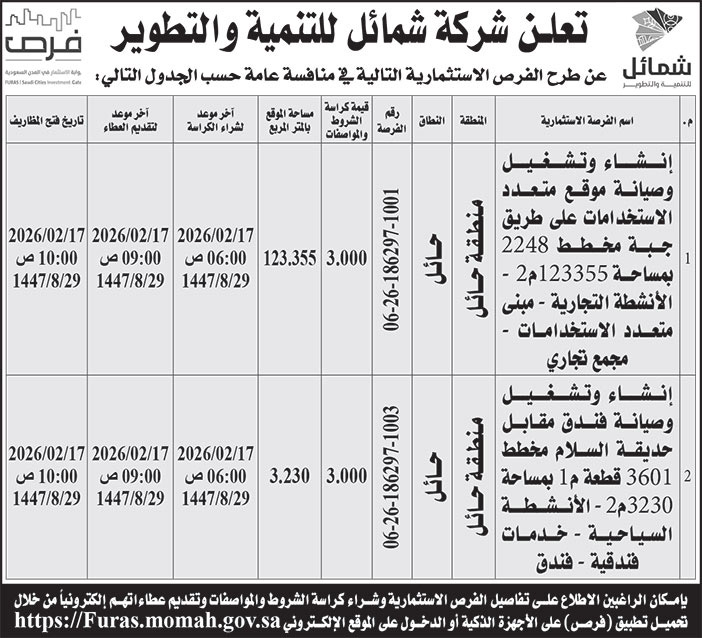 إعلان شركة شمائل للتنمية والتطوير 