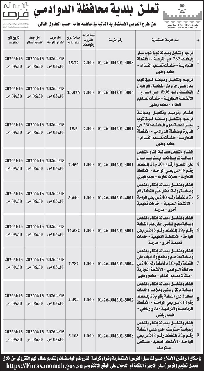إعلان بلدية محافظة الدوادمي 