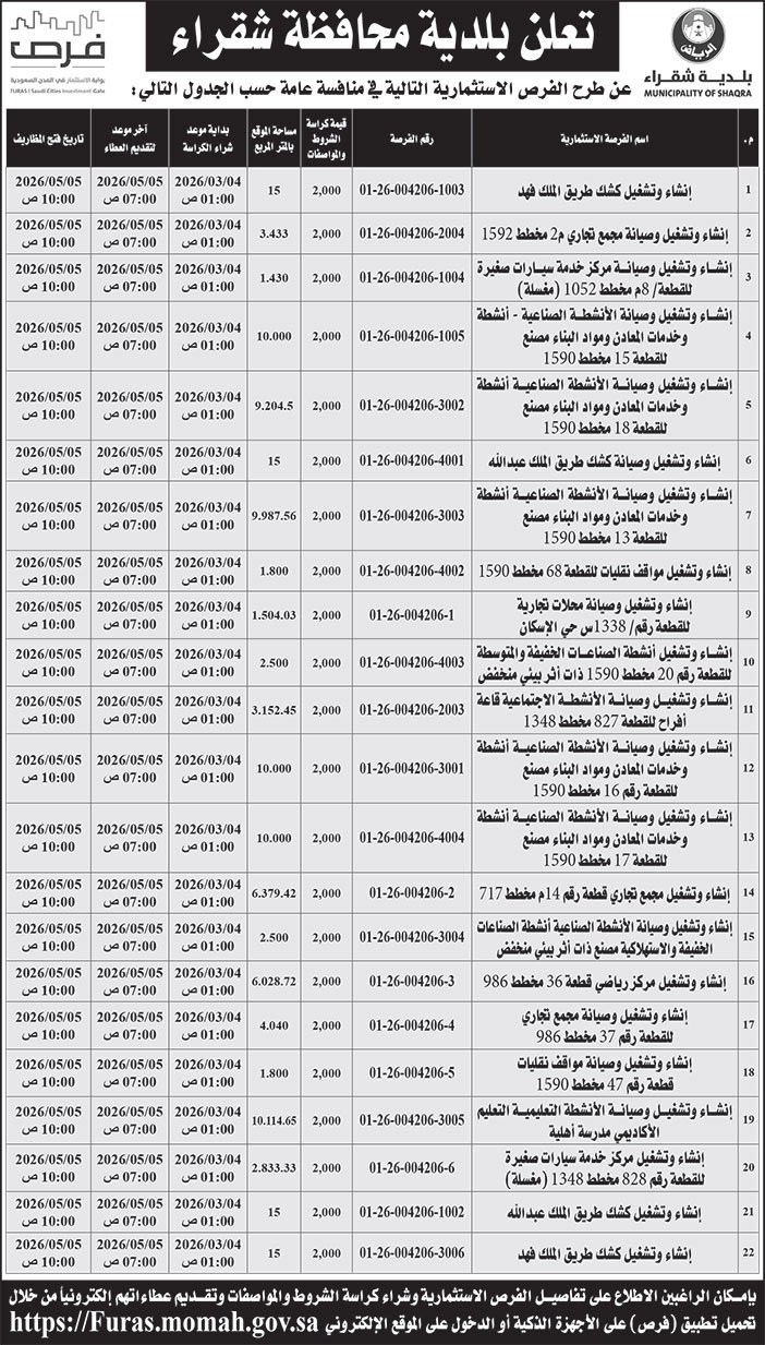 إعلان بلدية محافظة شقراء 