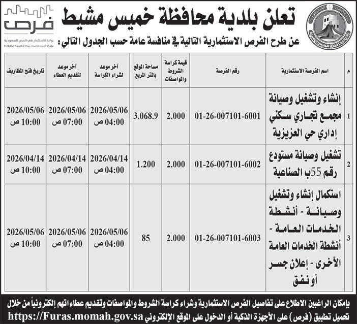 إعلان بلدية محافظة خميس مشيط 
