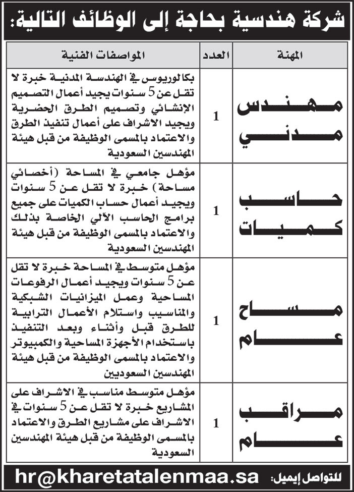 إعلان وظائف شركة هندسية 