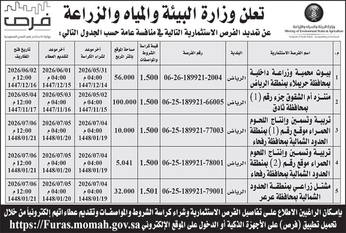 إعلان وزا رة البيئة و المياه والزراعة 