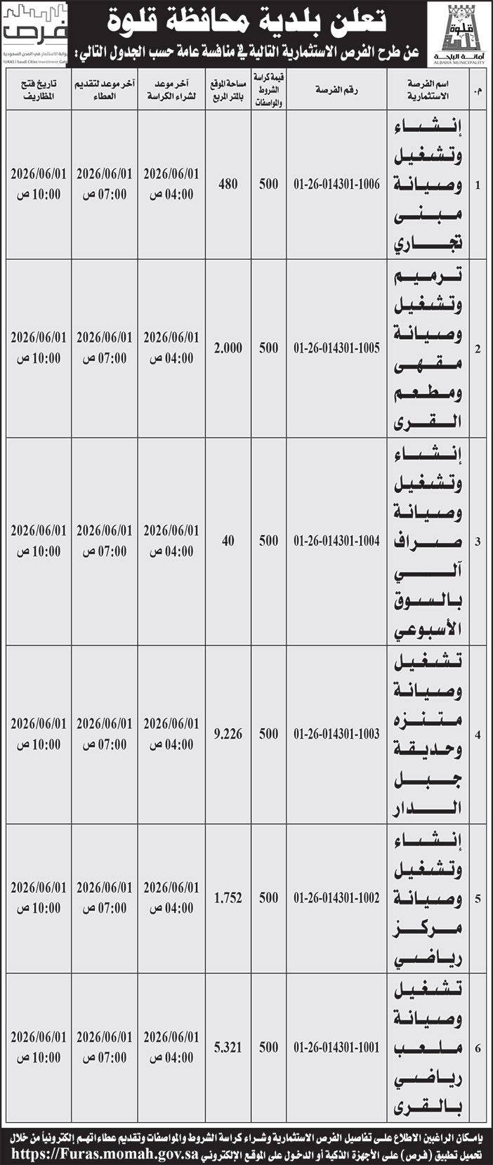 إعلان بلدية محافظة قلوة 
