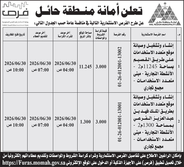 إعلان أمانة منطقة حائل 