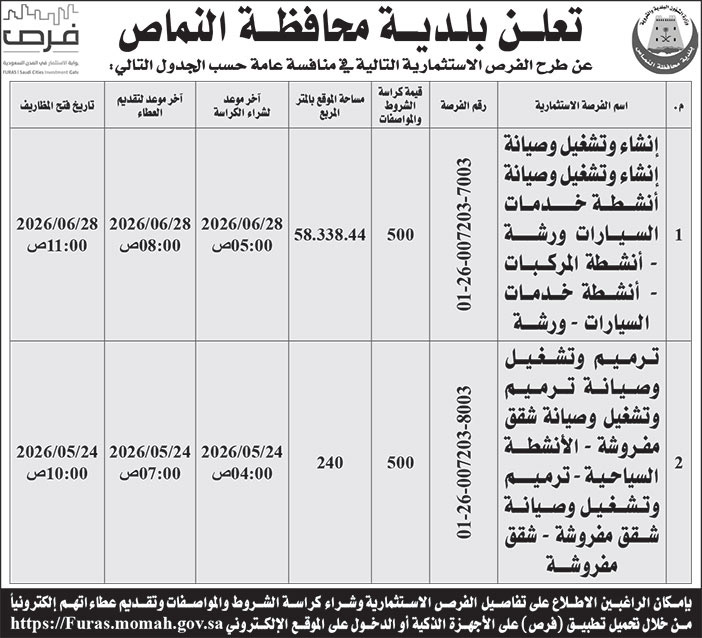 إعلان بلدية محافظة النماص 