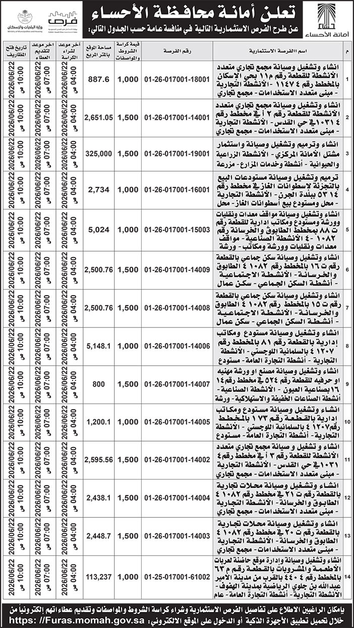 إعلان أمانة محافظة الأحساء 