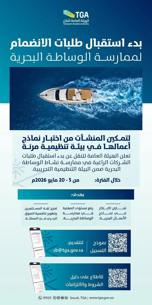«هيئة النقل»: بدء استقبال الشركات للانضمام إلى نموذج عمل ممارسة الوساطة البحرية 