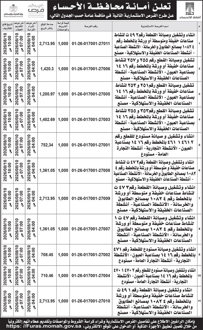 إعلان أمانة محافظة الأحساء 